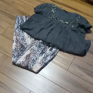 Cheetah print legs and charcoal beaded top